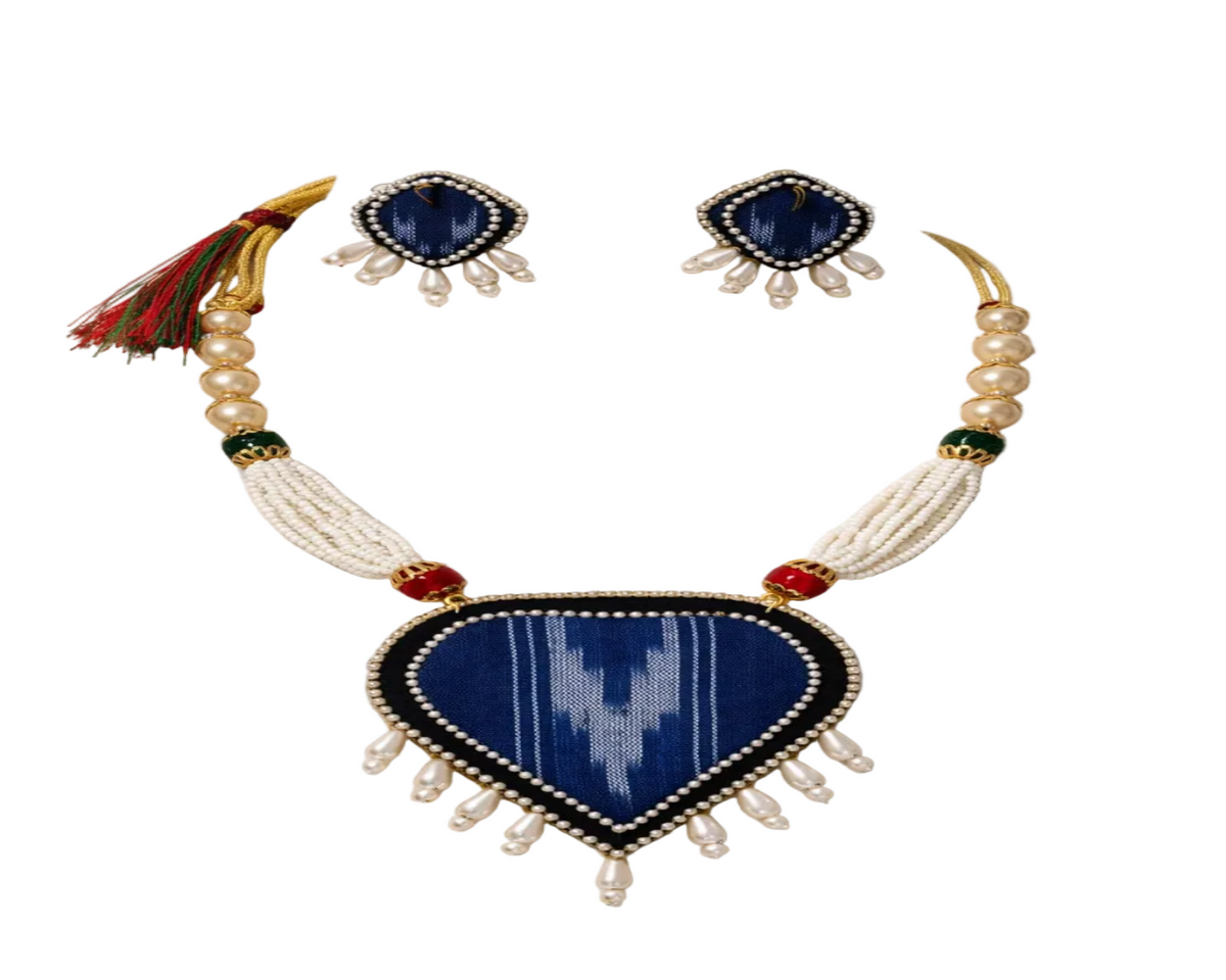 Blue Pasapali Wooden Bead Necklace Set for Women with Earrings | Handmade Odisha Jewellery
