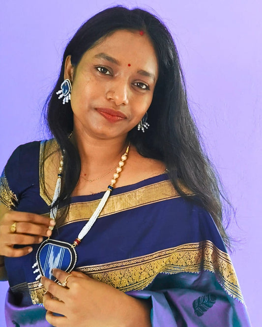 Blue Pasapali Wooden Bead Necklace Set for Women with Earrings | Handmade Odisha Jewellery