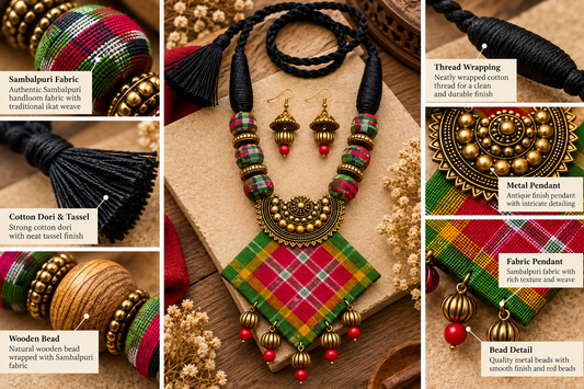 Rangmati Sambalpuri Fabric Necklace Set with Earrings – Handmade Bohemian Ethnic Jewellery | LEENAALANKAR