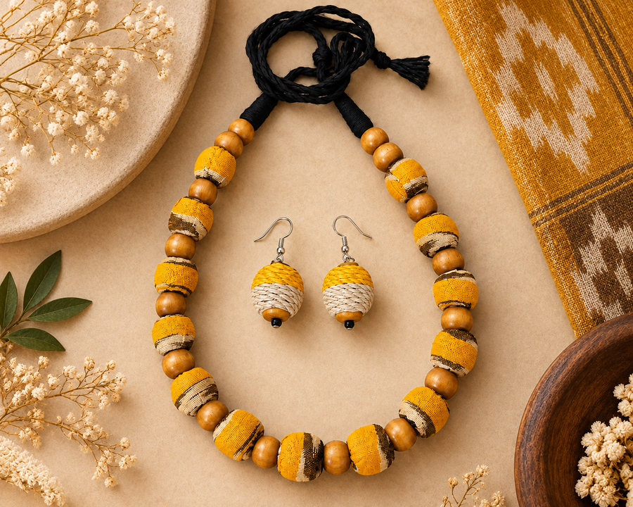 Sambalpuri Wooden Bead Jewellery Set – Handmade Fabric Necklace & Earrings
