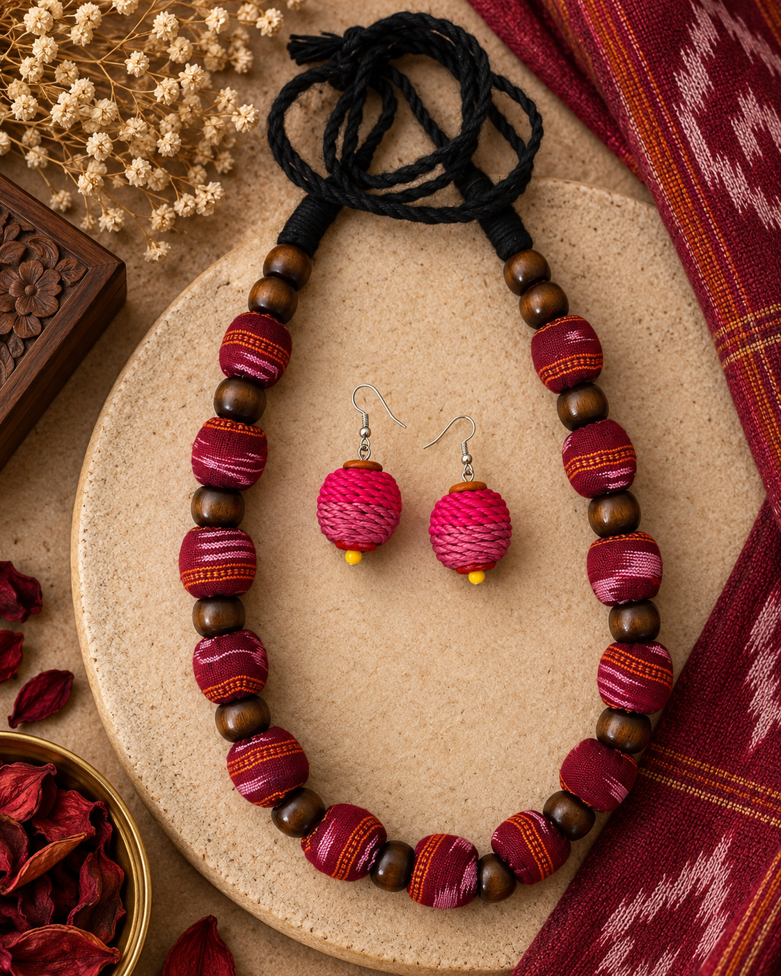 Sambalpuri Fabric Wooden Bead Jewellery Set for Women | Handmade Necklace & Earrings