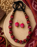 Wooden Bead Jewellery Set for Women – Sambalpuri Fabric Necklace & Earrings – Handmade Indian Jewellery