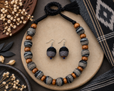 Wooden Bead Jewellery Set for Women – Sambalpuri Fabric Necklace & Earrings – Handmade Indian Jewellery