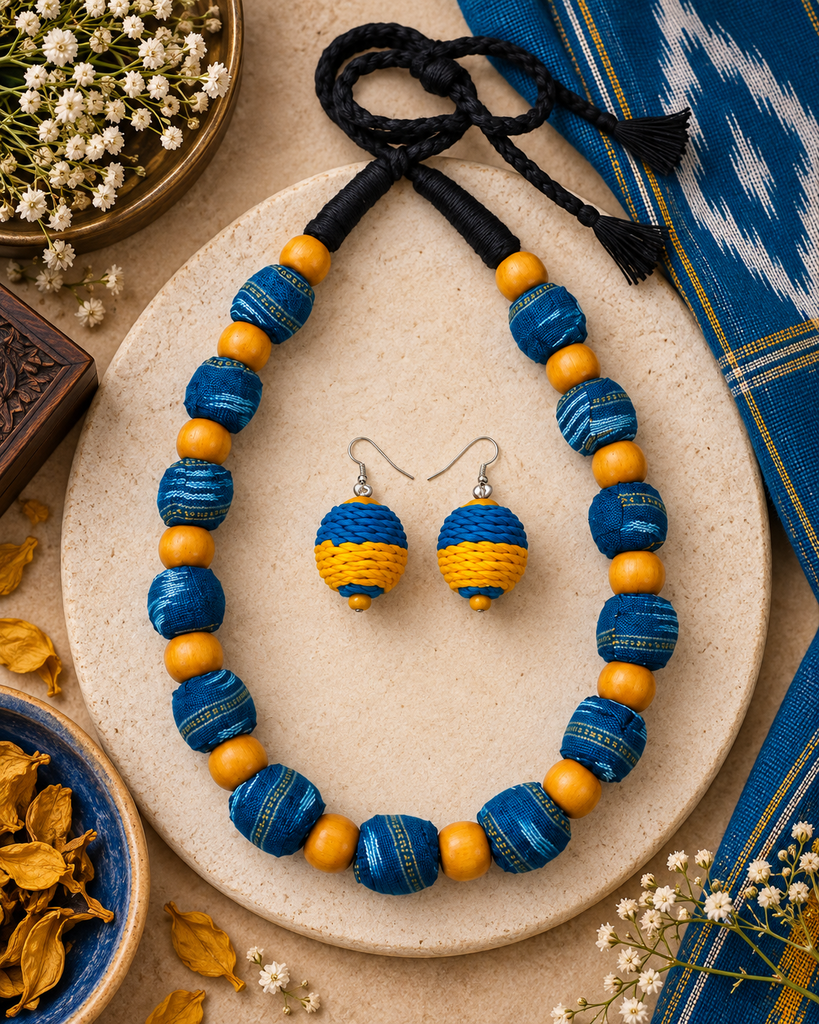 Wooden Bead Jewellery Set for Women – Sambalpuri Fabric Necklace & Earrings – Handmade Indian Jewellery