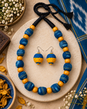 Wooden Bead Jewellery Set for Women – Sambalpuri Fabric Necklace & Earrings – Handmade Indian Jewellery