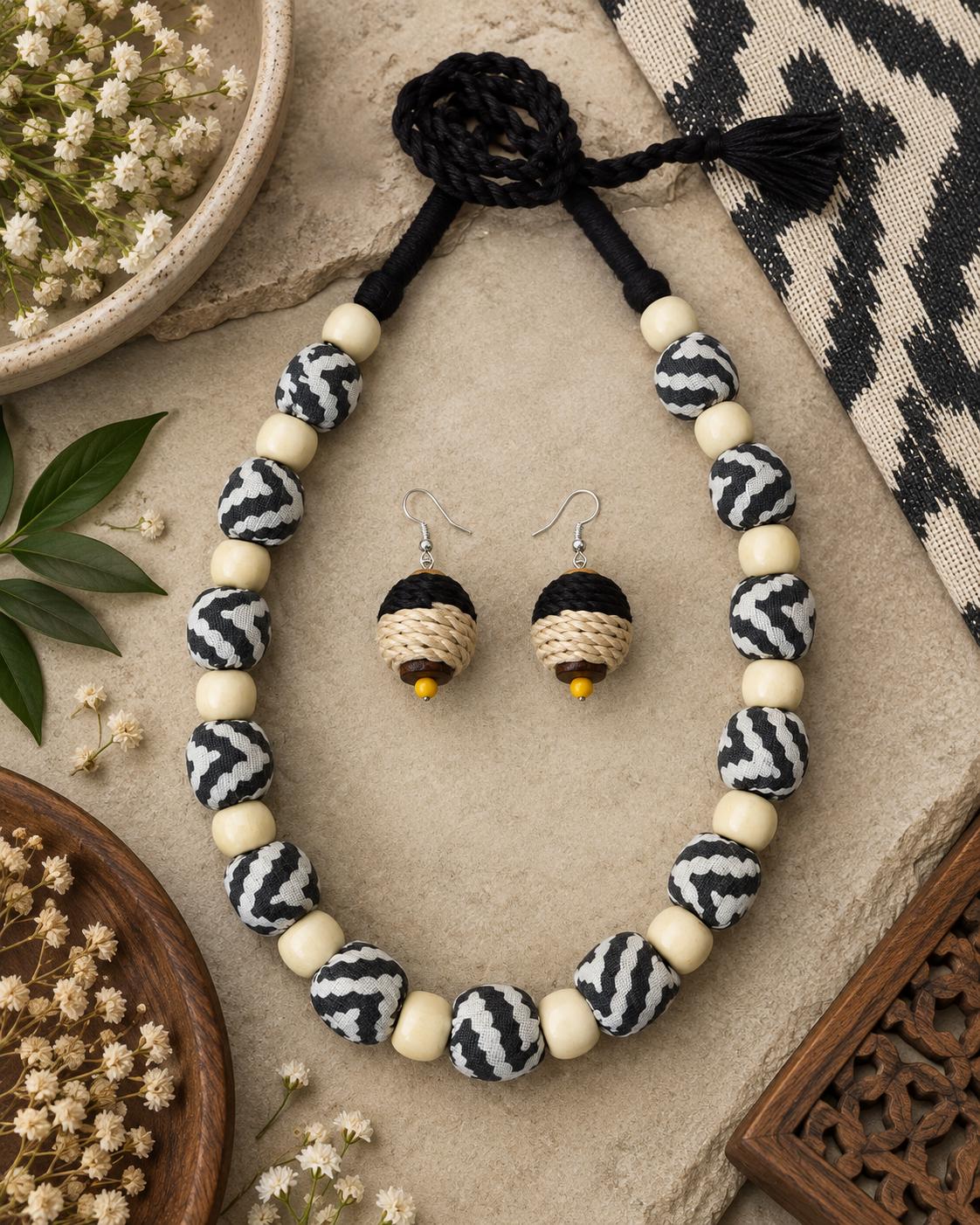 Sambalpuri Fabric Wooden Bead Jewellery Set for Women | Handmade Necklace & Earrings
