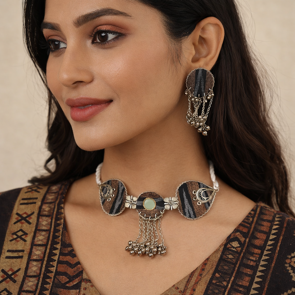 SAMBALPURI FABRIC CHOCKER NECKLACE AMBER