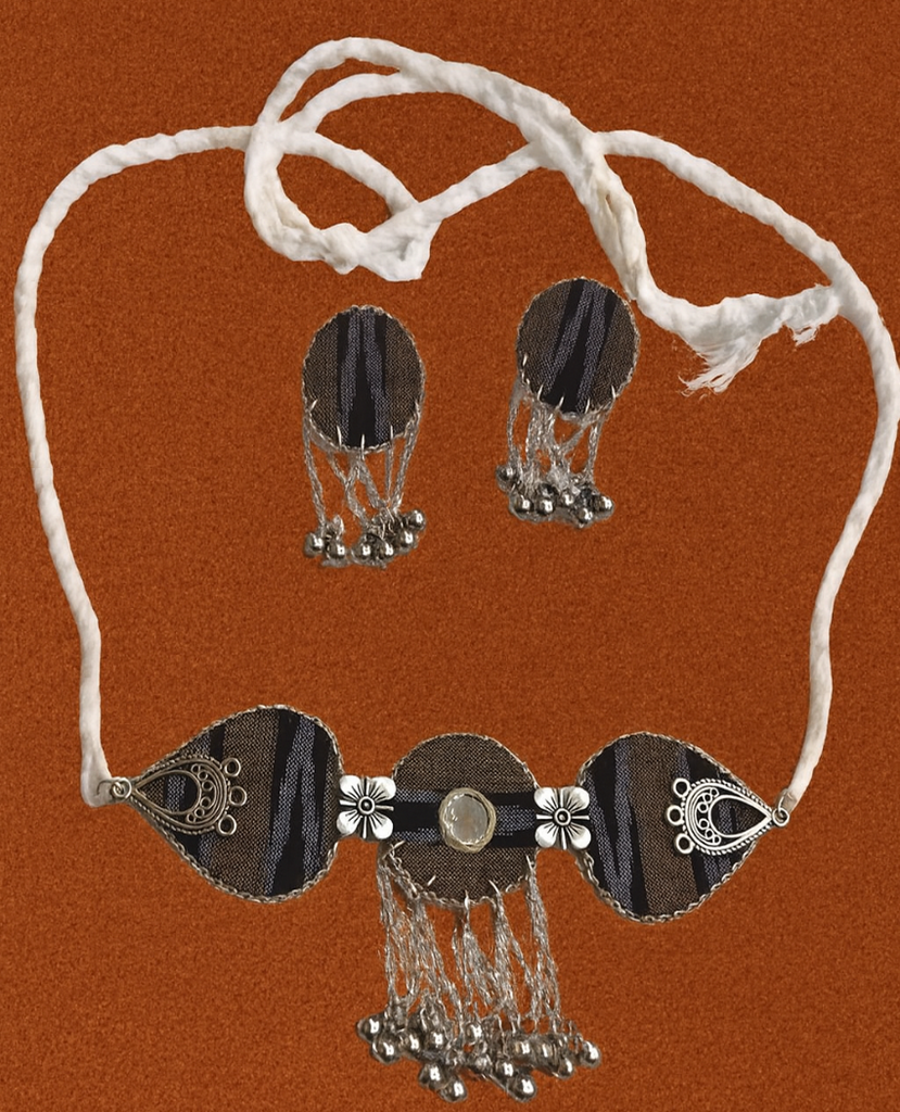 Jewelry set with necklace and earrings on a brown background