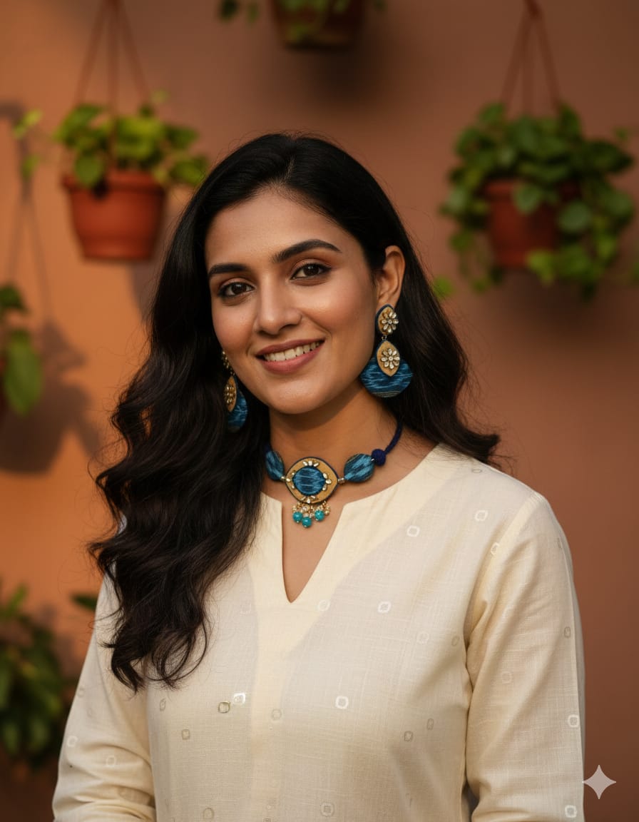Blue and gold necklace with matching earrings on a white background