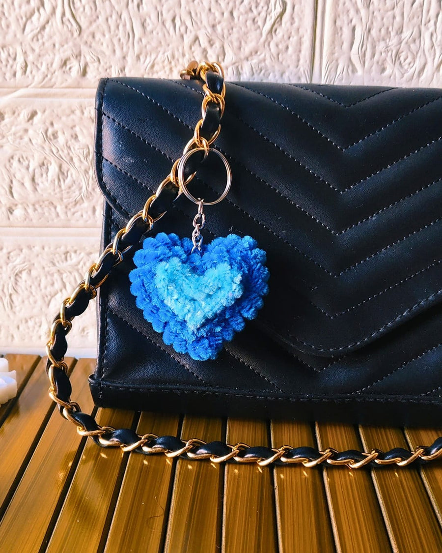Handmade Fluffy Heart Keychain – Blue & Skyblue
