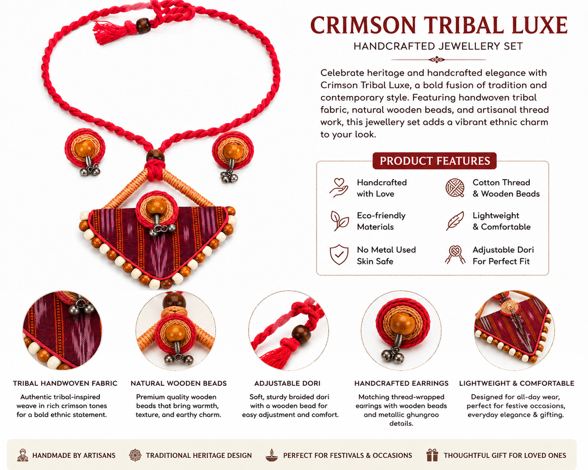 Red Sambalpuri Fabric Necklace Set for Women with Earrings | Handmade Indian Ethnic Jewellery – Emerald