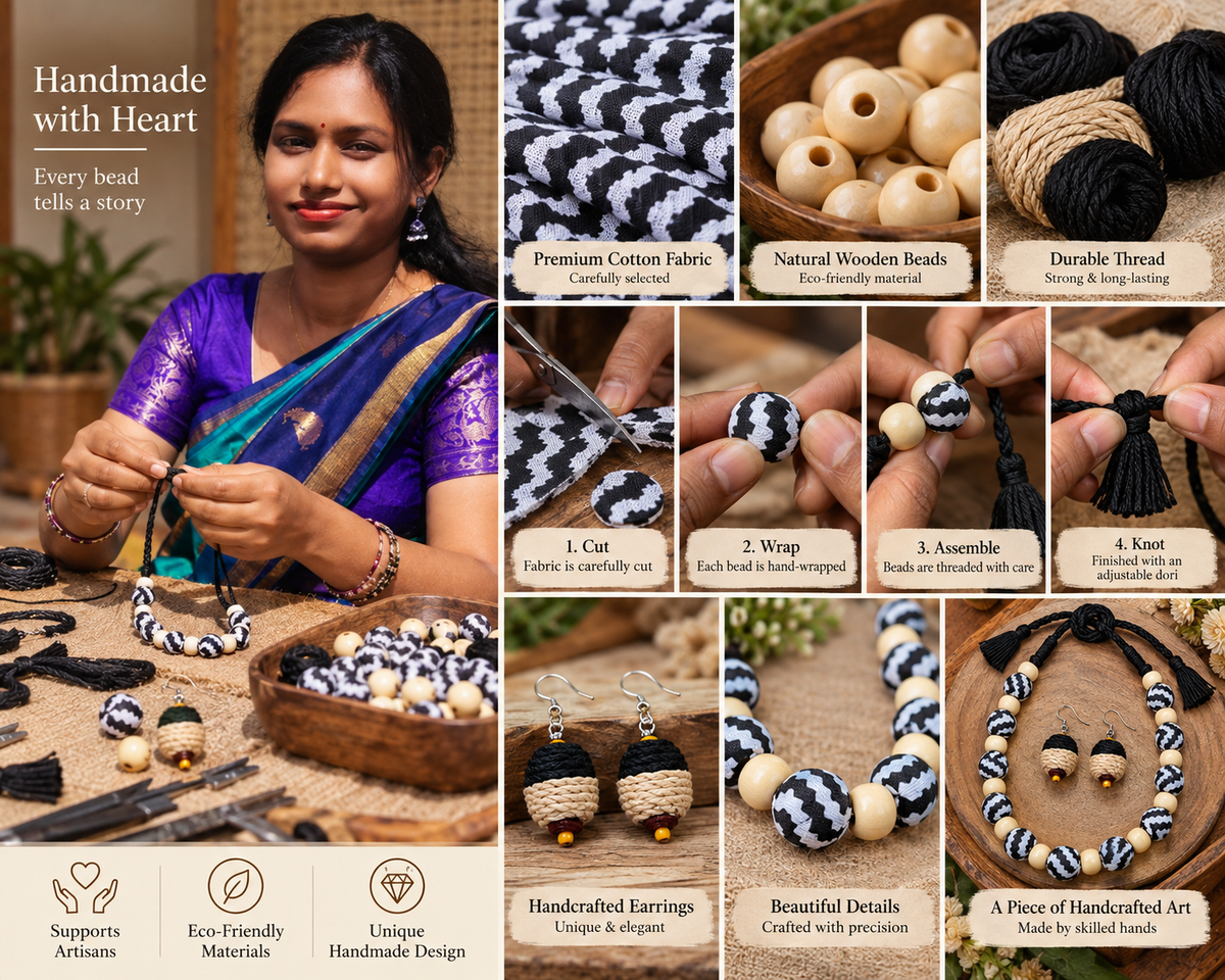 Sambalpuri Fabric Wooden Bead Jewellery Set for Women | Handmade Necklace & Earrings