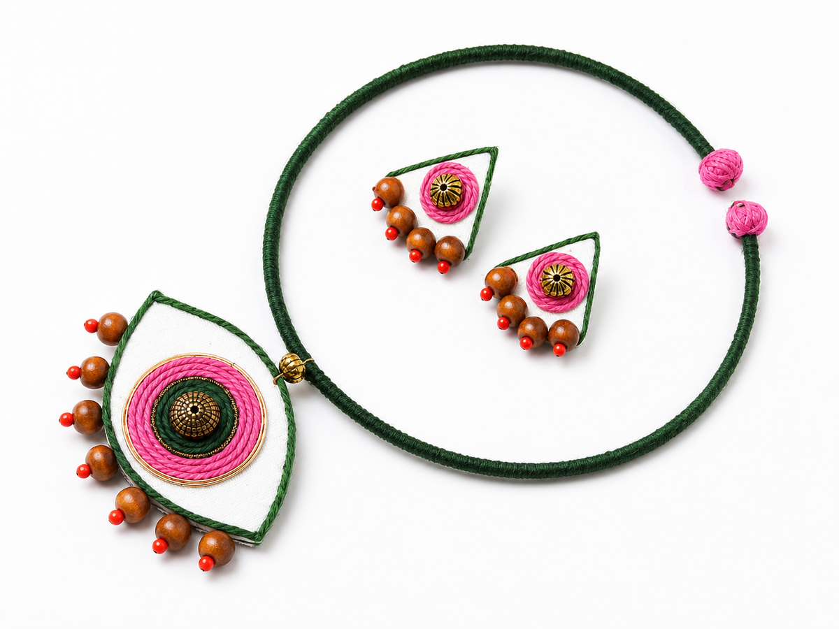 Green & Pink Hasli Necklace Set for Women with Earrings | Handmade Indian Ethnic Jewellery – Dristhi Gulabi
