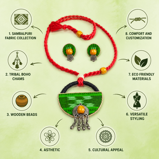 Green Sambalpuri Fabric Necklace Set for Women with Earrings | Handmade Indian Ethnic Jewellery – Emerald