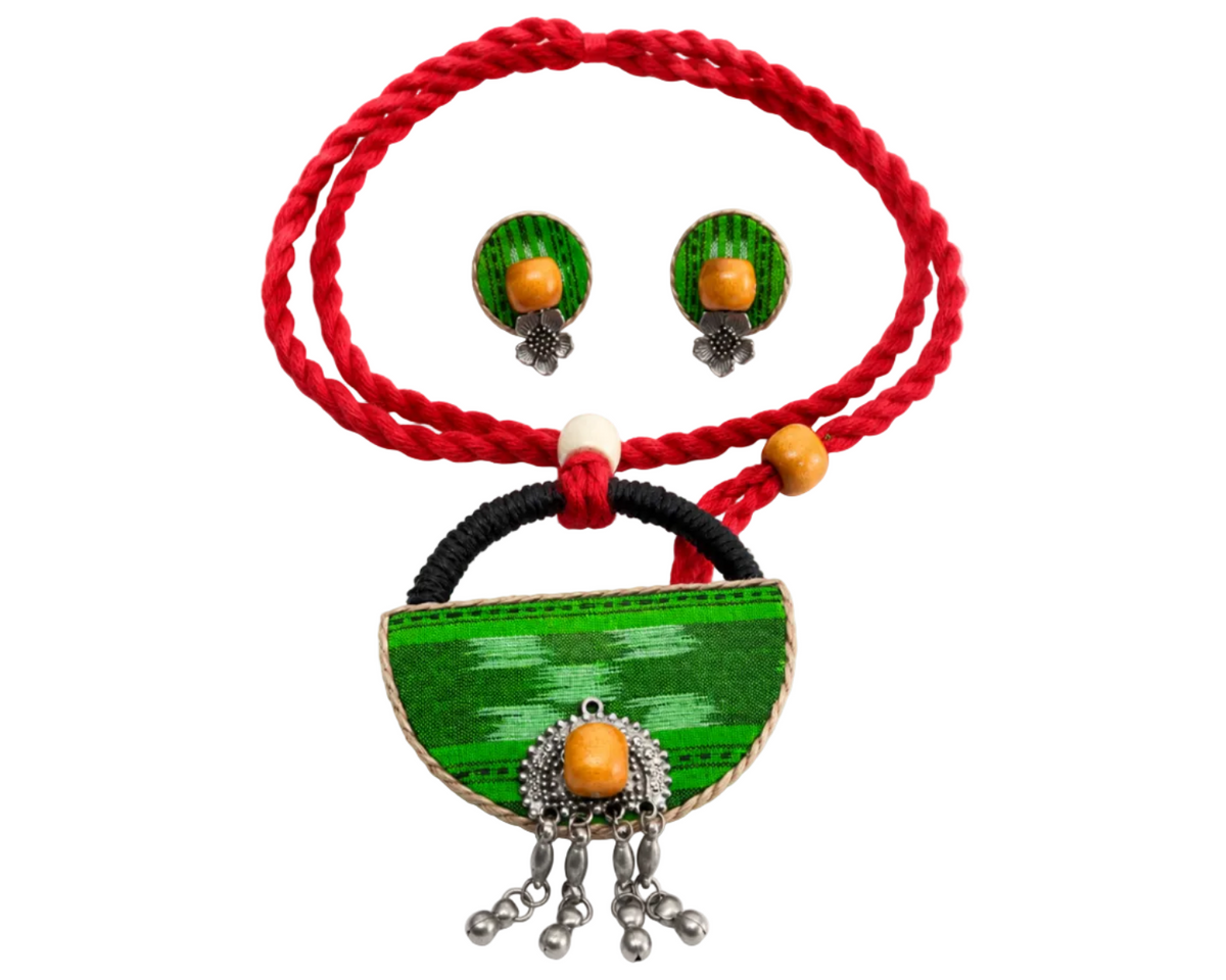 Green Sambalpuri Fabric Necklace Set for Women with Earrings | Handmade Indian Ethnic Jewellery – Emerald