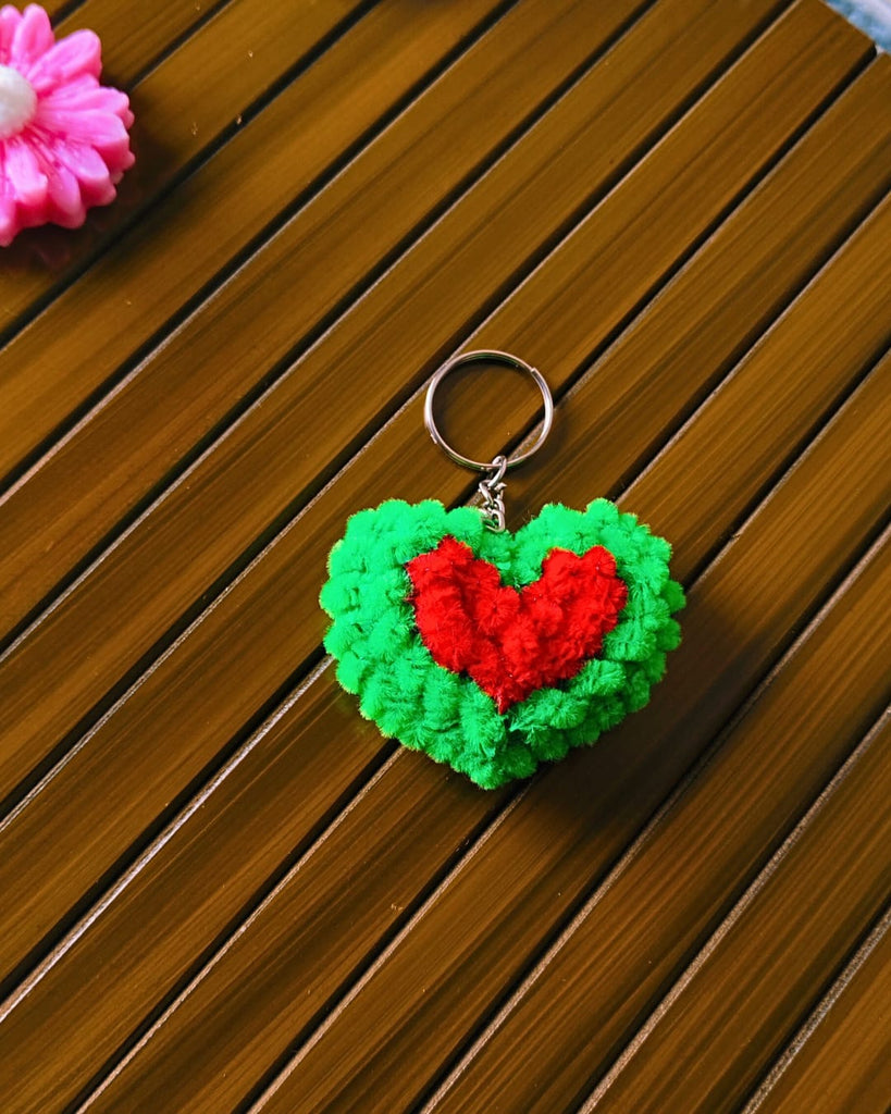 Handmade Fluffy Heart Keychain – Green & Red