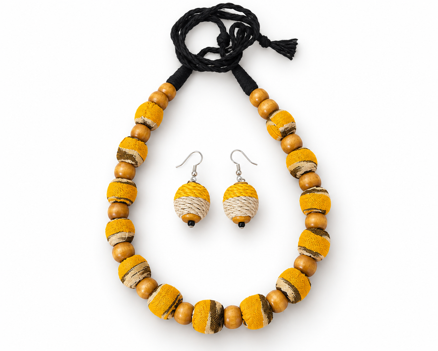 Sambalpuri Wooden Bead Jewellery Set – Handmade Fabric Necklace & Earrings