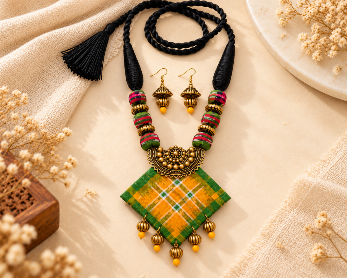 Kahani Sambalpuri Fabric Necklace Set with Earrings – Handmade Tribal Ethnic Jewellery | LEENAALANKAR