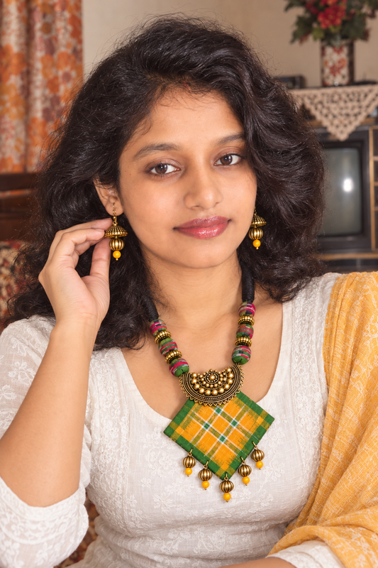 Kahani Sambalpuri Fabric Necklace Set with Earrings – Handmade Tribal Ethnic Jewellery | LEENAALANKAR
