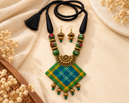 Kashish Sambalpuri Fabric Necklace with Matching Earrings – Handmade Boho Ethnic Jewellery | LEENAALANKAR