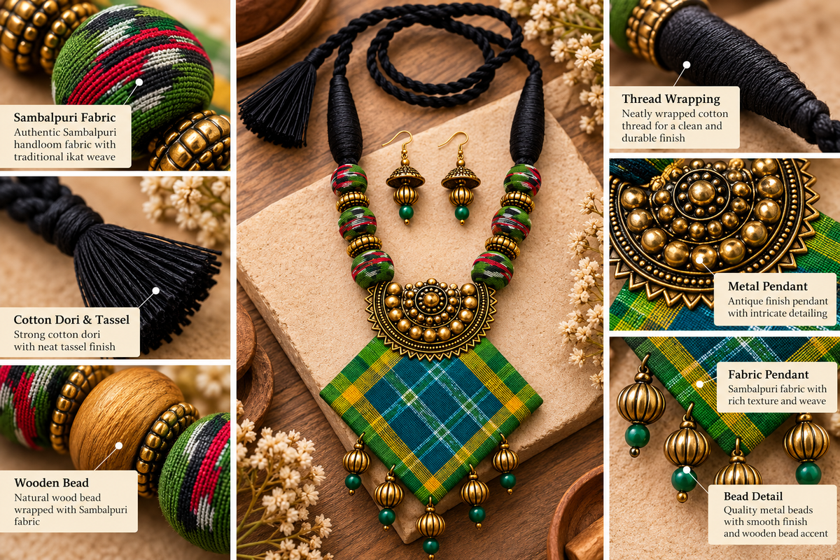 Kashish Sambalpuri Fabric Necklace with Matching Earrings – Handmade Boho Ethnic Jewellery | LEENAALANKAR