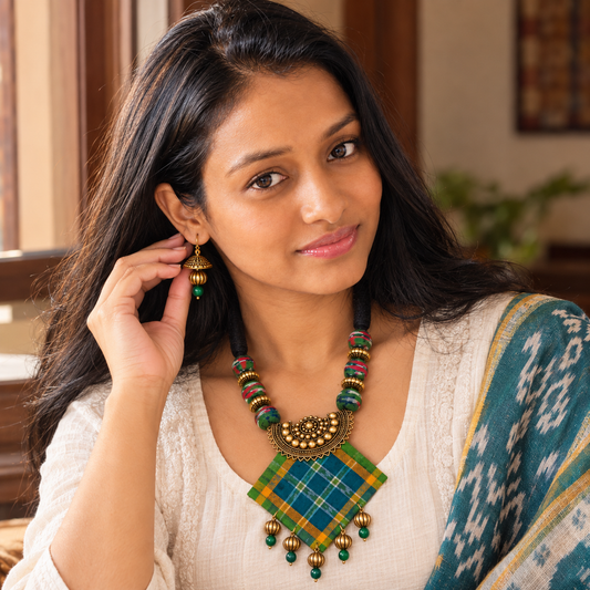 Kashish Sambalpuri Fabric Necklace with Matching Earrings – Handmade Boho Ethnic Jewellery | LEENAALANKAR