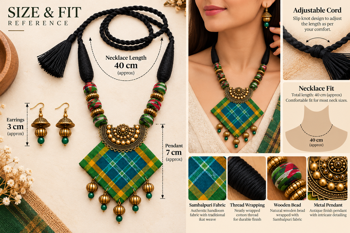 Kashish Sambalpuri Fabric Necklace with Matching Earrings – Handmade Boho Ethnic Jewellery | LEENAALANKAR