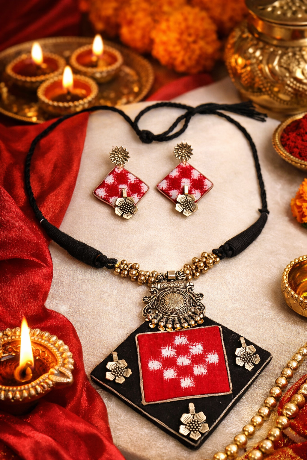 RED SAMBALPURI FEBRIC JEWELLERY