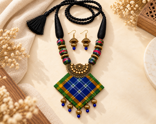 Leher Sambalpuri Fabric Pendant Necklace Set – Handmade Traditional Indian Jewellery with Earrings | LEENAALANKAR