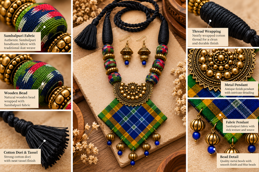 Leher Sambalpuri Fabric Pendant Necklace Set – Handmade Traditional Indian Jewellery with Earrings | LEENAALANKAR