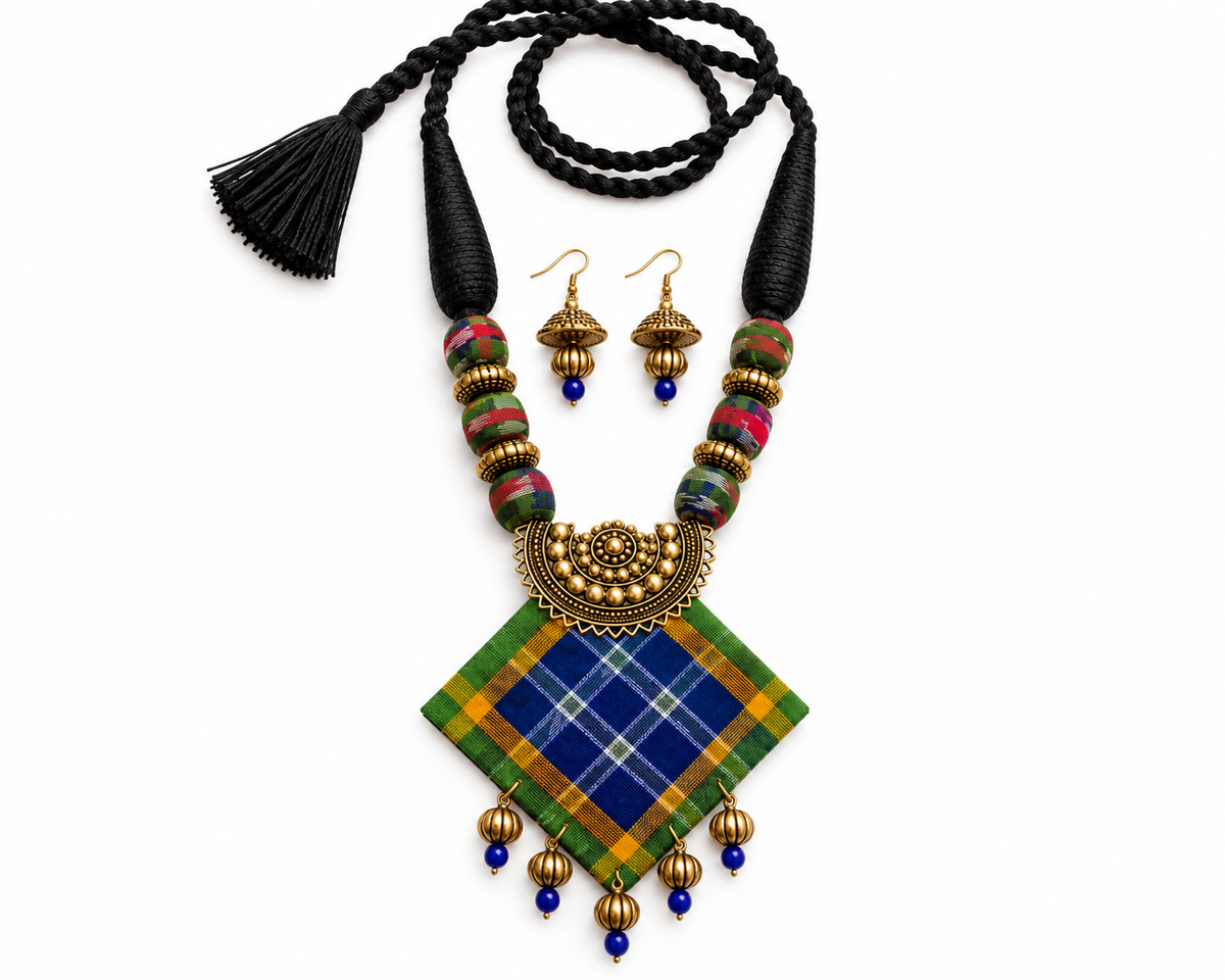 Leher Sambalpuri Fabric Pendant Necklace Set – Handmade Traditional Indian Jewellery with Earrings | LEENAALANKAR