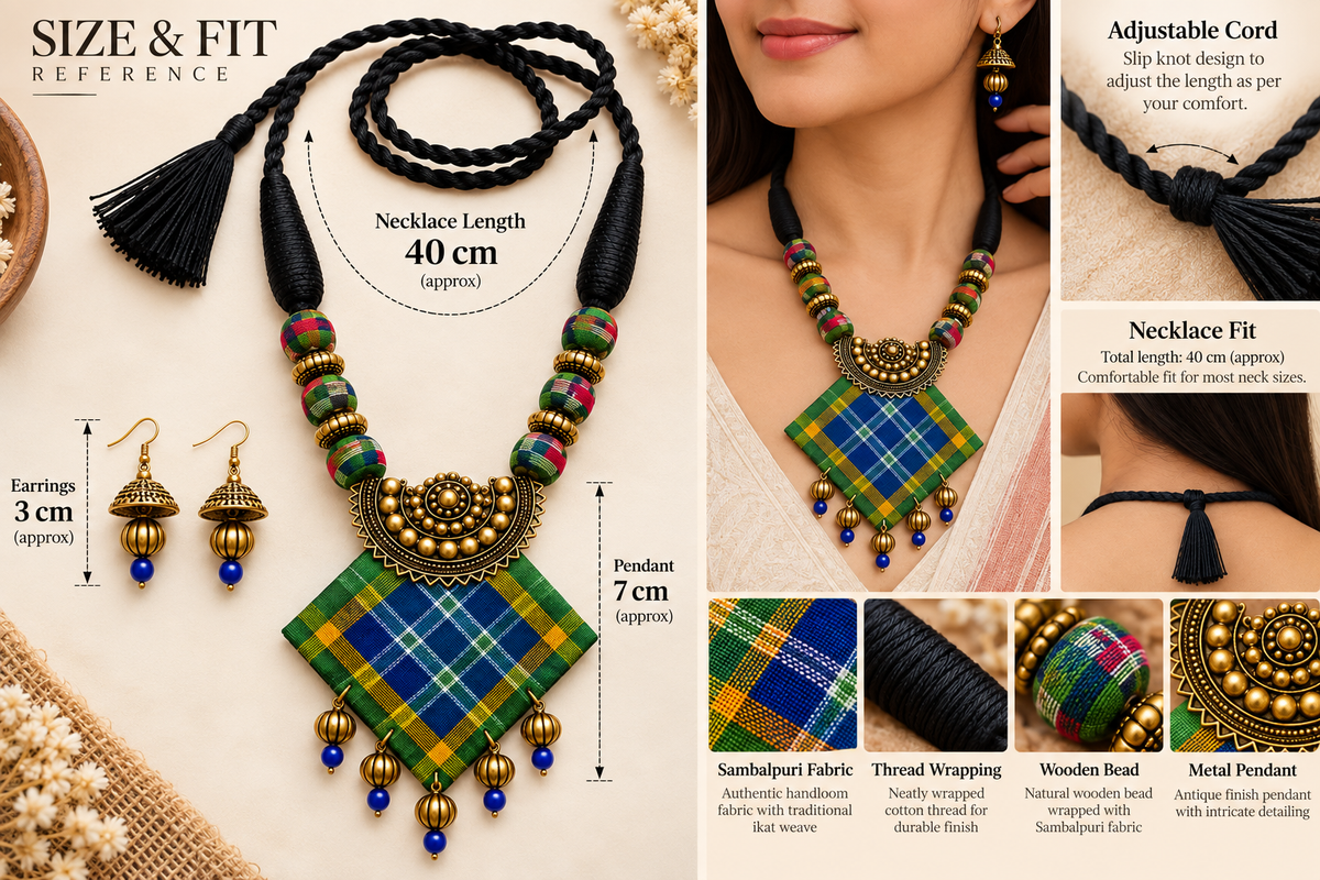 Leher Sambalpuri Fabric Pendant Necklace Set – Handmade Traditional Indian Jewellery with Earrings | LEENAALANKAR