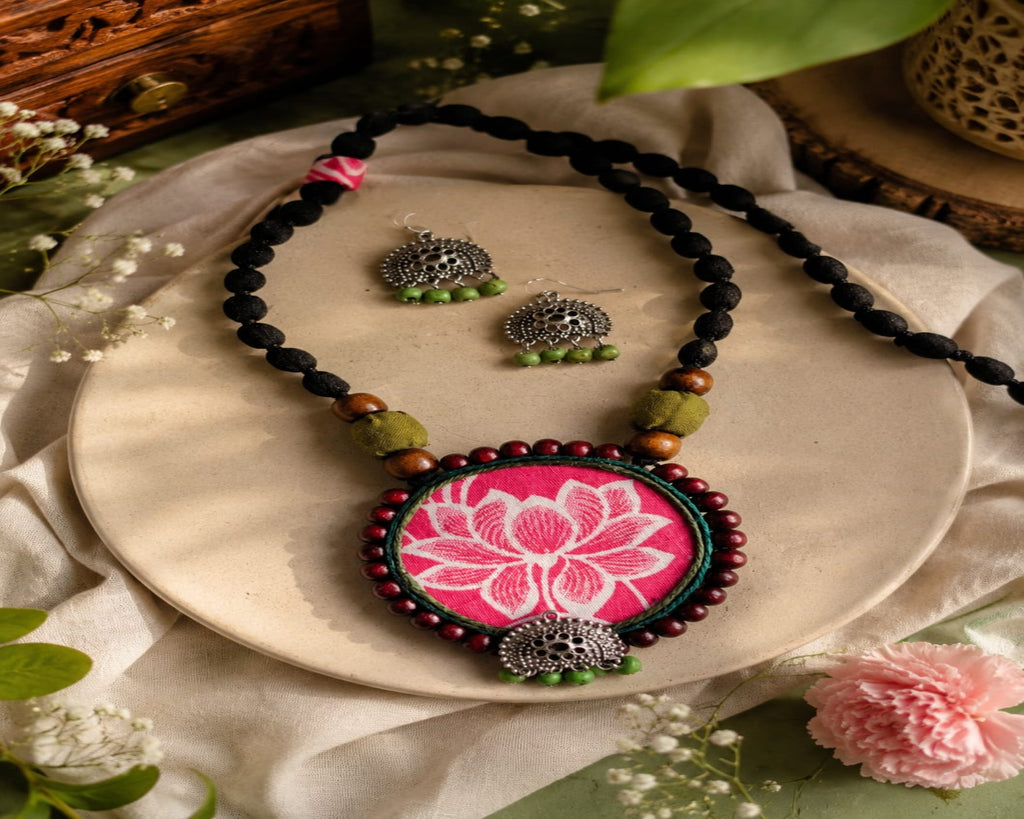 Lotus Leela – Handcrafted Fabric Necklace & Earrings Set | Statement Ethnic Jewellery