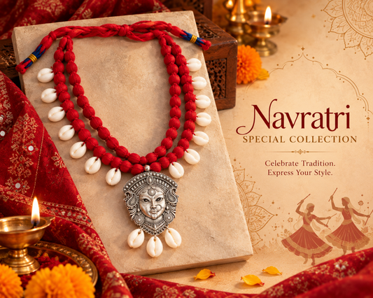 Devi Face Red Fabric Bead Necklace for Women | Handmade Navratri Jewellery