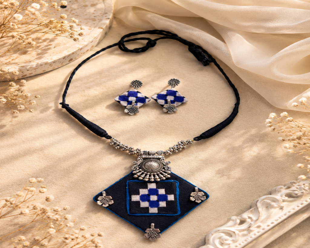 BLUE SAMBALPURI FABRIC JEWELLERY