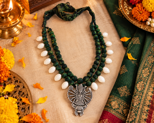 Green Fabric Bead Necklace with Oxidised Silver Pendant | Handmade Navratri Jewellery