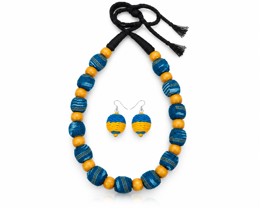 Sambalpuri Wooden Bead Jewellery Set – Handmade Fabric Necklace & Earrings