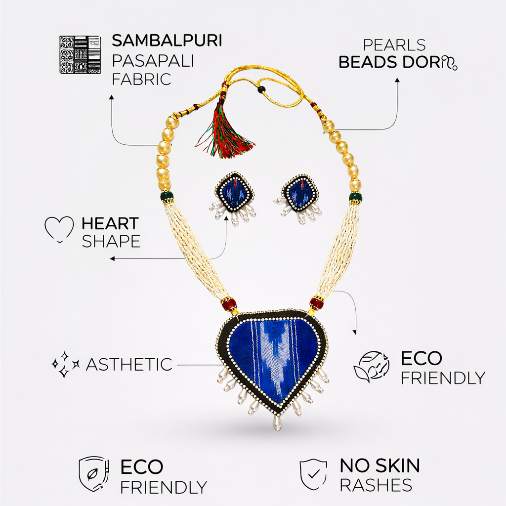 Blue Pasapali Wooden Bead Necklace Set for Women with Earrings | Handmade Odisha Jewellery