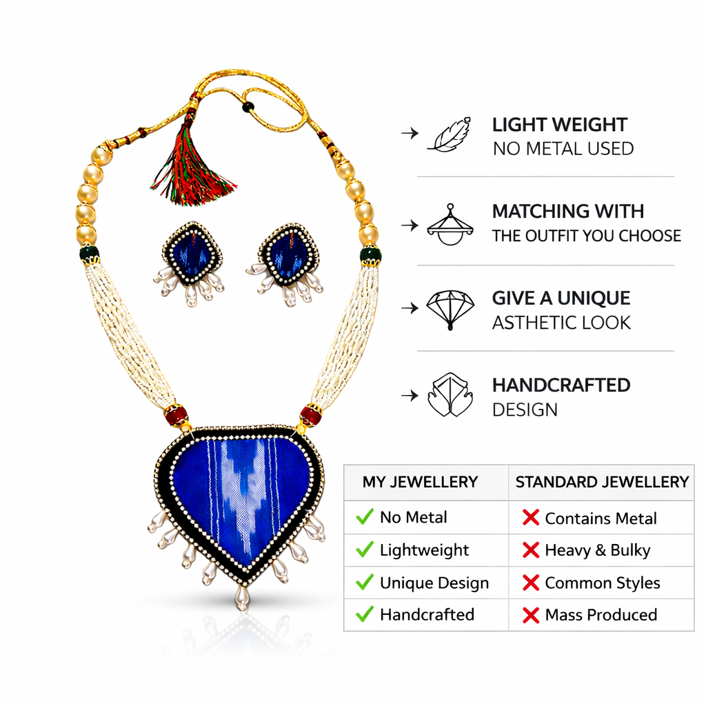 Blue Pasapali Wooden Bead Necklace Set for Women with Earrings | Handmade Odisha Jewellery