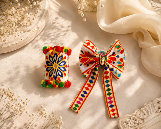 Handmade Fabric Bow Bracelet & Hair Bow Set | Colourful Pompom Accessories – Pompom