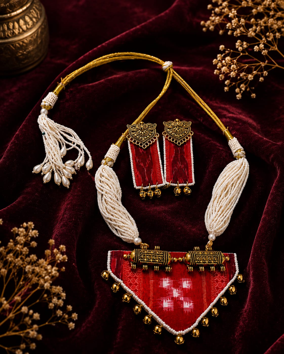 Red Pasapali Sambalpuri Necklace Set for Women with Earrings | Handmade Odisha Jewellery