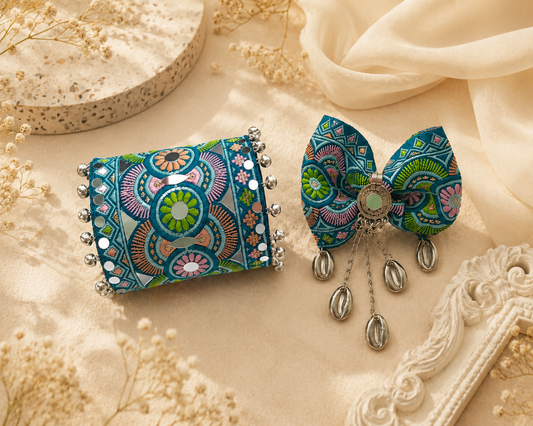 Rangrez Cuff Bracelet for Women | Handmade Fabric Handcuff with Matching Hair Bow | Ethnic Fashion Jewellery