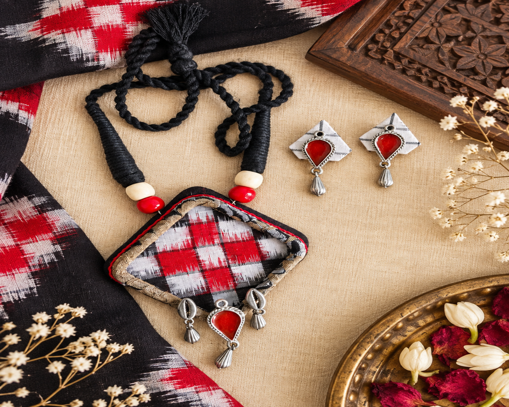 Rakta Dhara – Handcrafted Fabric Pendant Necklace & Earrings Set | LEENAALANKAR