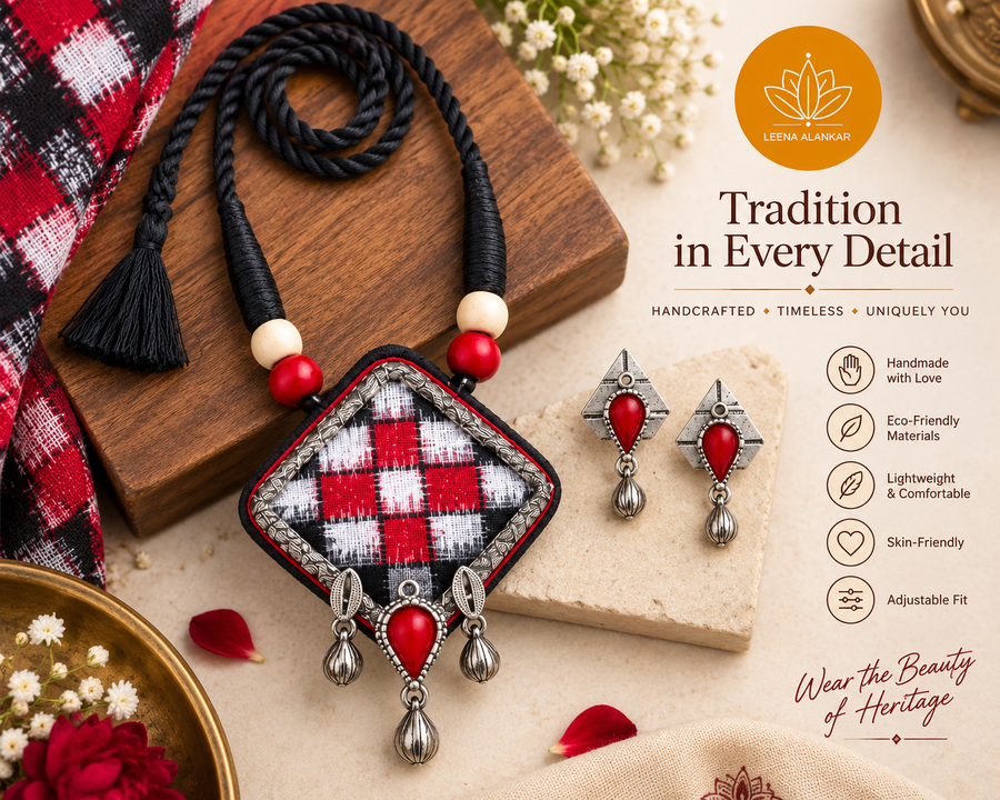 Rakta Dhara – Handcrafted Fabric Pendant Necklace & Earrings Set | LEENAALANKAR