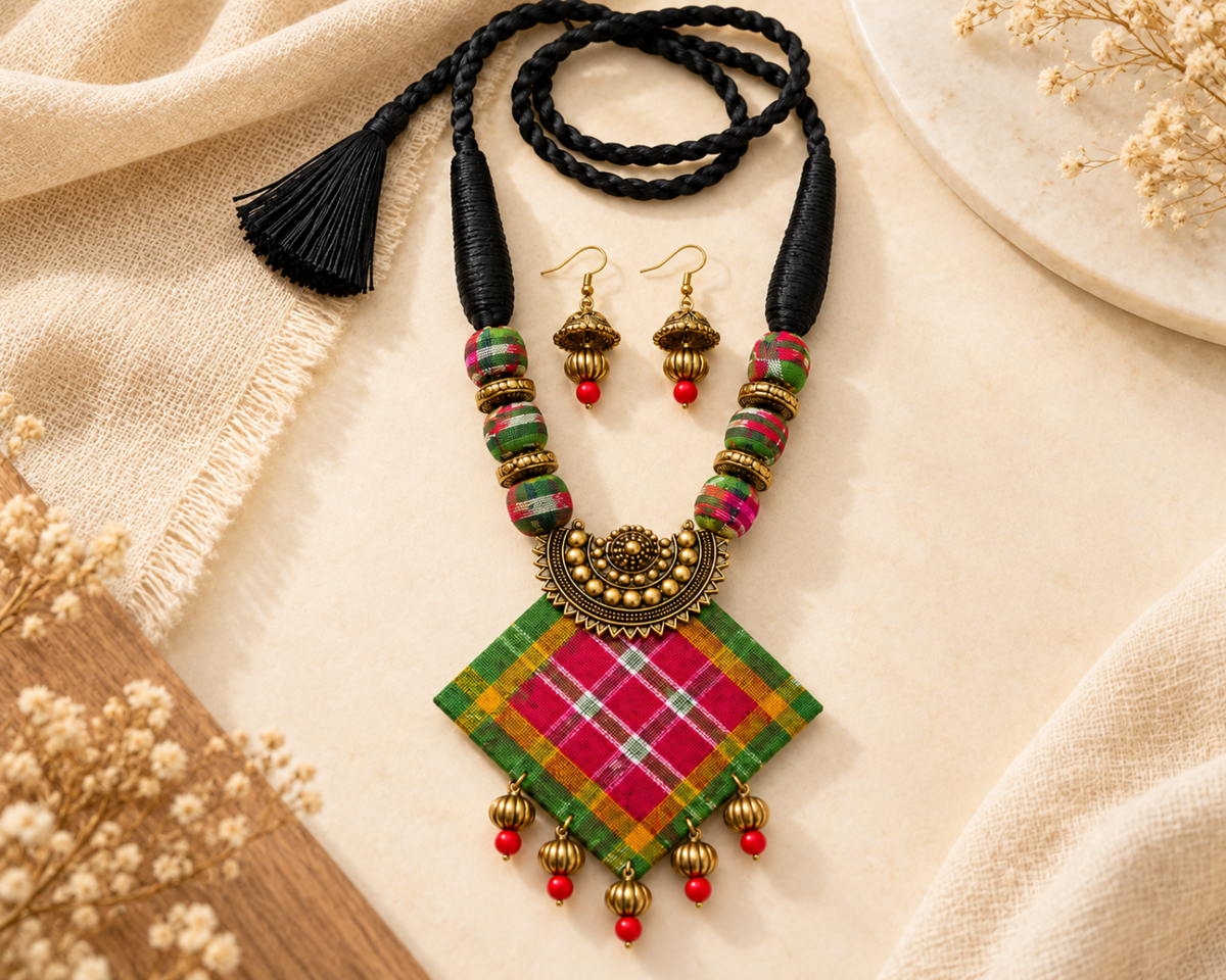 Rangmati Sambalpuri Fabric Necklace Set with Earrings – Handmade Bohemian Ethnic Jewellery | LEENAALANKAR