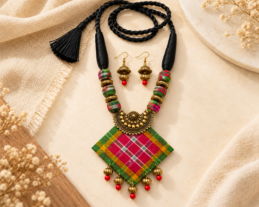 Rangmati Sambalpuri Fabric Necklace Set with Earrings – Handmade Bohemian Ethnic Jewellery | LEENAALANKAR