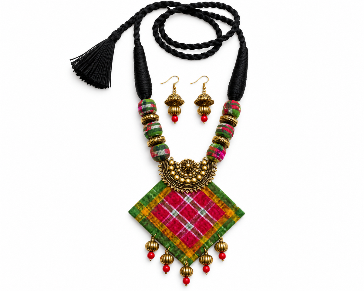 Rangmati Sambalpuri Fabric Necklace Set with Earrings – Handmade Bohemian Ethnic Jewellery | LEENAALANKAR