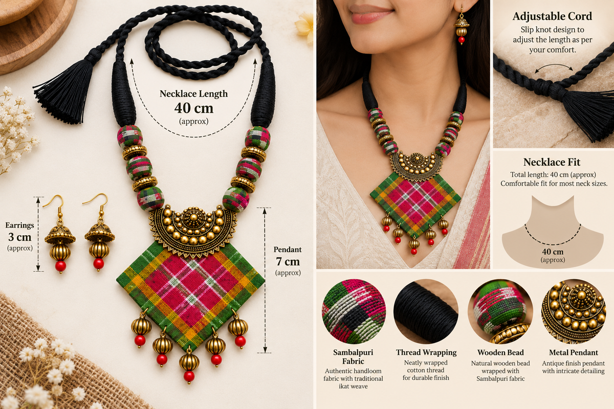 Rangmati Sambalpuri Fabric Necklace Set with Earrings – Handmade Bohemian Ethnic Jewellery | LEENAALANKAR