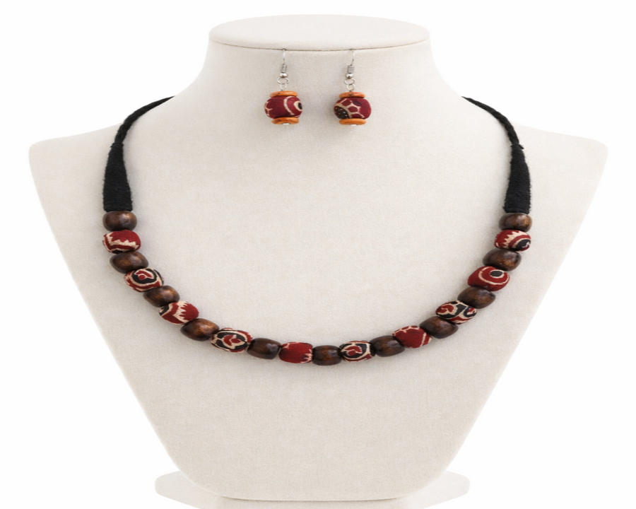 FABRIC WOODEN BEAD NECKLACE (SERENITY)