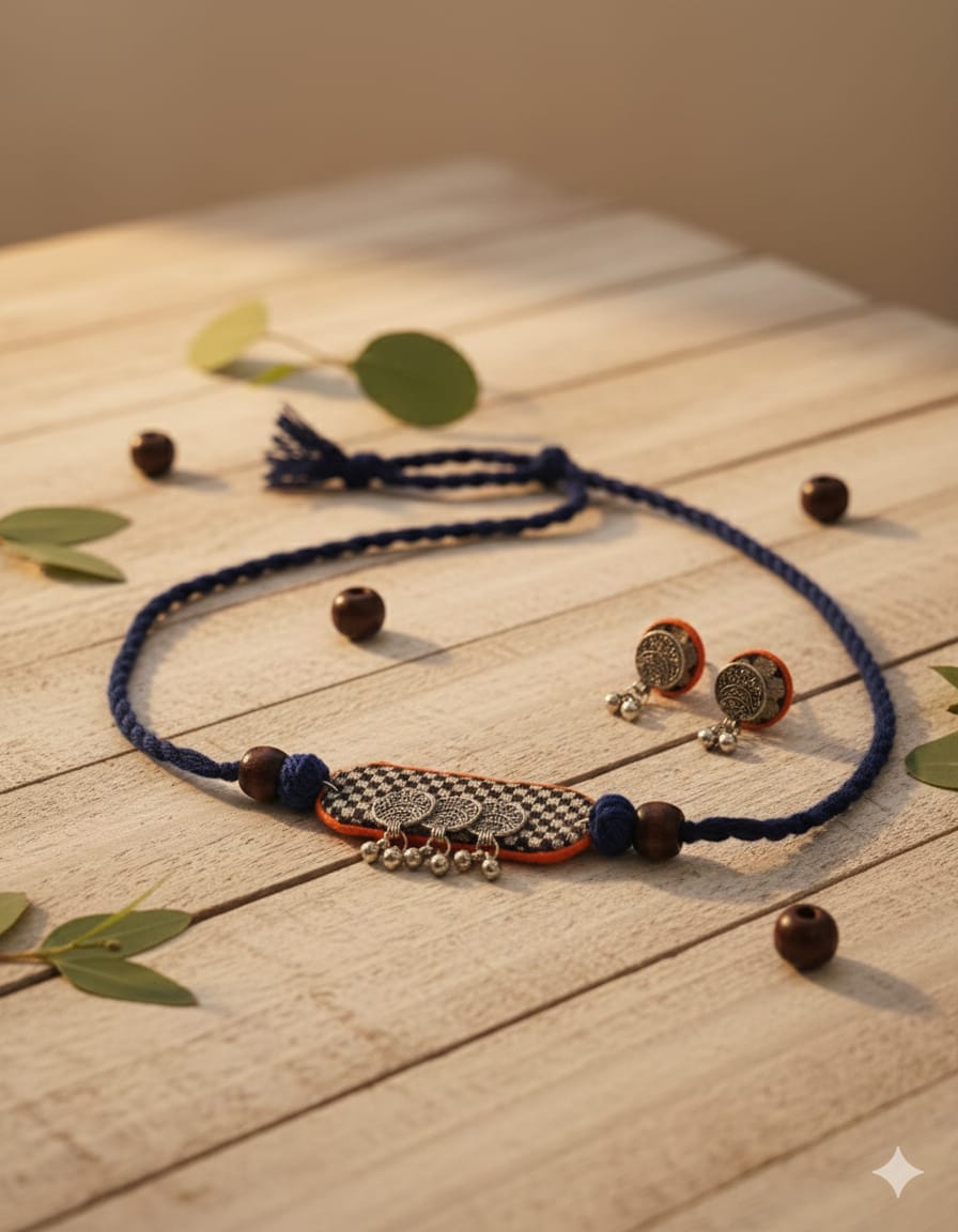 Jewelry set with blue necklace, earrings, and decorative item on a wooden surface.